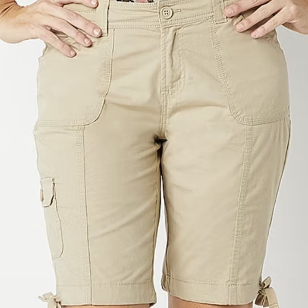 St. John's Bay Women's Mid-Rise Cargo Bermuda Short - Biscotti - Size 10